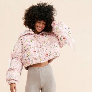 Selkie Pink Cropped Puffer Jacket with Floral Design